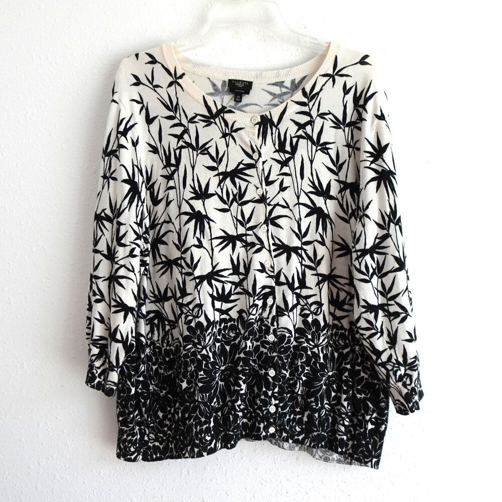 Talbots Cardigan Sweater Plus Size 2X Black Cream Leaf Floral Pima Cotton
